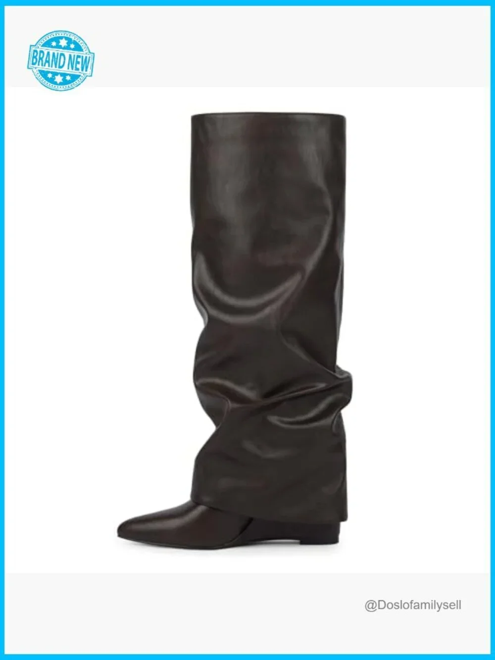 Knee High Boots Wedge Heel Slouchy Fold Over Zipper Pointed Toe Dress Boots
